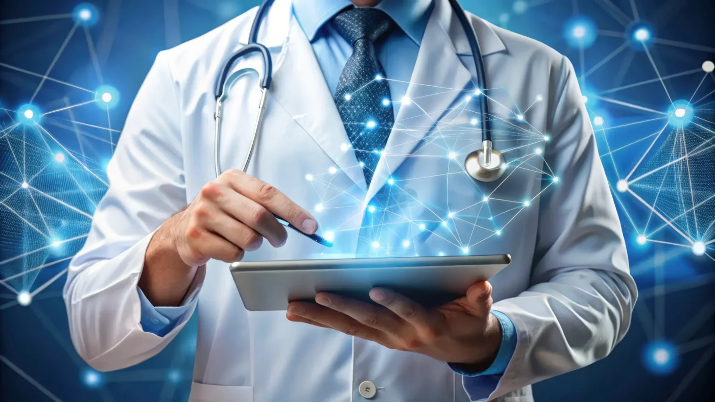 Medical office IT setup_Doctor using AI with electronic records to ensure accurate patient care_