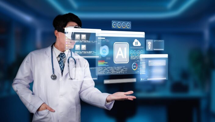 AI in Healthcare: Doctor Using Artificial Intelligence Interface for Healthcare Solutions in Modern Medical Office PHMT